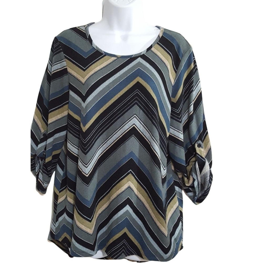 Tacera Blouse Tunic Top Womens L Soft Knit Roll Tab Sleeve Blue Stripe